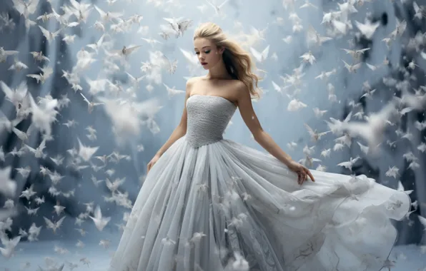 Winter, girl, snow, flight, birds, pose, dance, hands