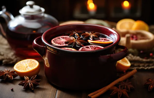 The dark background, table, oranges, Christmas, New year, pan, drink, cinnamon