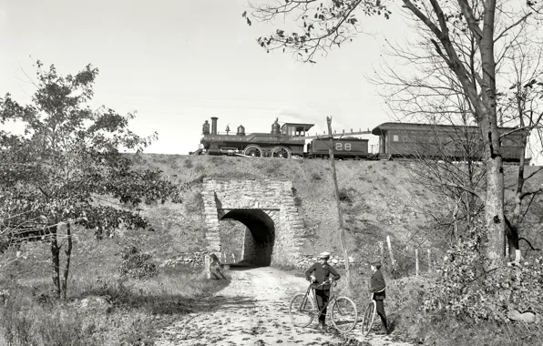 Landscape, bike, retro, people, the engine, the car, USA, the tunnel