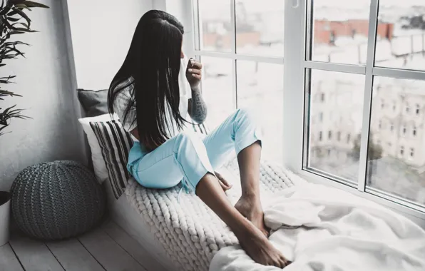 Girl, brunette, window, sitting, Olga Liferova, Regina Golubeva