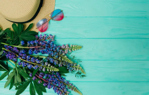 Picture flowers, background, hat, glasses, wood, flowers, purple, lupins