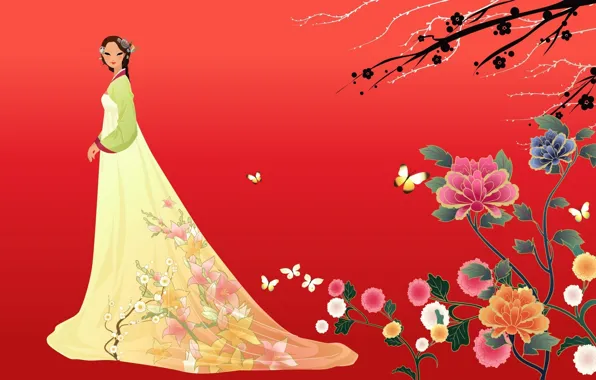 Girl, flowers, butterfly, art, Asian, hanbok