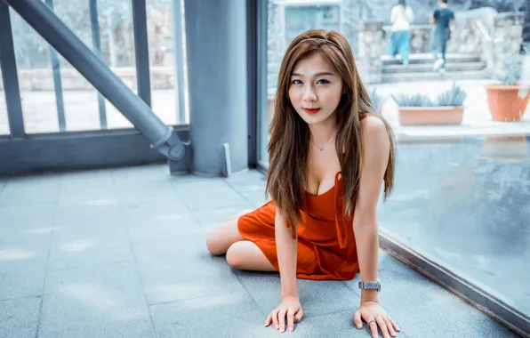Smile, stained glass, neckline, Asian, cleavage, smile, asian, cute girl