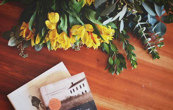Flowers, table, books, yellow, petals