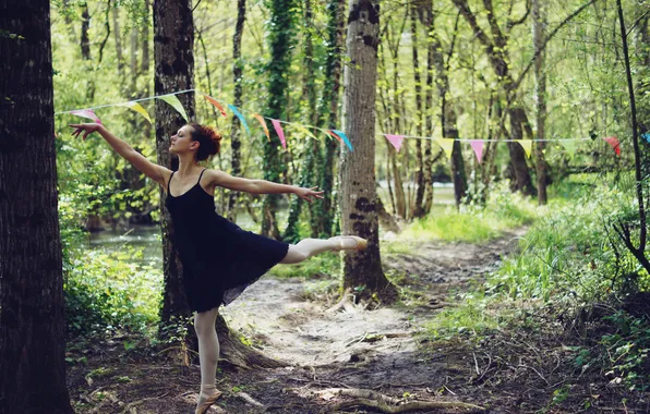 Forest, girl, dance, flags