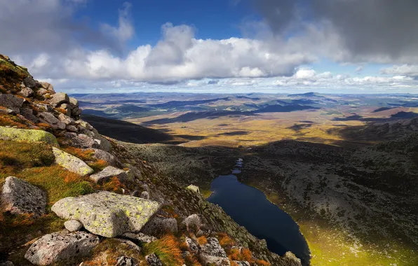 The sky, mountains, lake, stones