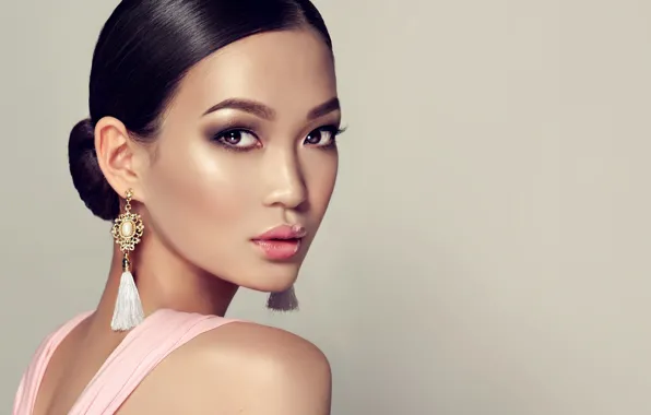 Picture look, background, portrait, earrings, makeup, brunette, hairstyle, Asian