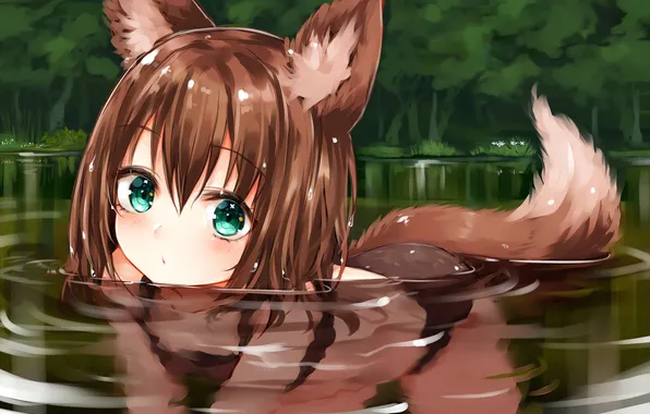 Girl, wet, green eyes, trees, brown hair, nature, animal ears, anime