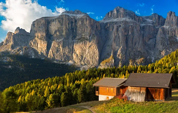 Landscape, mountains, nature, house, Alps, Italy, forest, The Dolomites