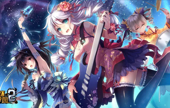 Girls, guitar, drums, mikrafon, Kiana Kaslana, Bronya Zaychik, by miHoYo, Mei Raiden