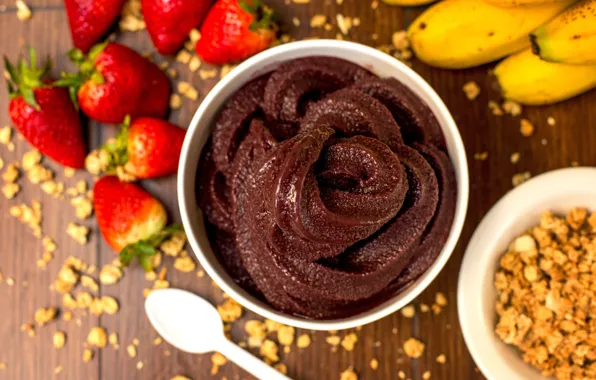 Berries, table, Board, strawberry, spoon, bananas, bowl, cream