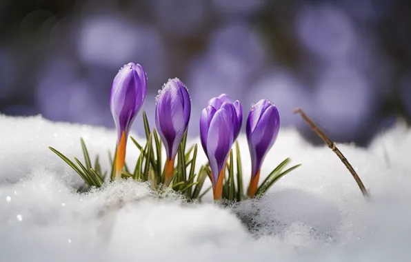Snow, flowers, spring, crocuses, buds, the snow, primroses, lilac