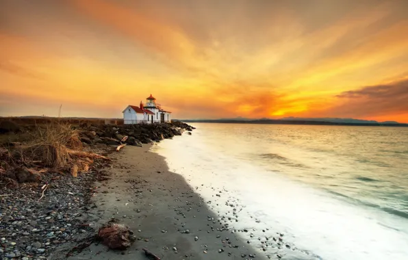 Picture sea, sunset, shore, lighthouse