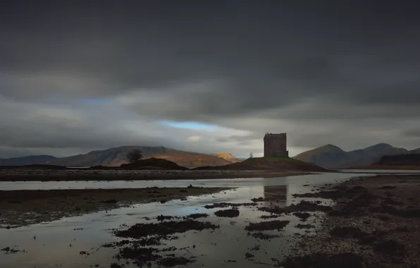 The sky, clouds, mountains, clouds, reflection, castle, overcast, hills