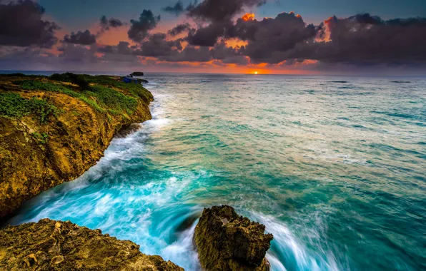 Picture sea, the sky, the sun, clouds, sunset, tropics, coast, horizon