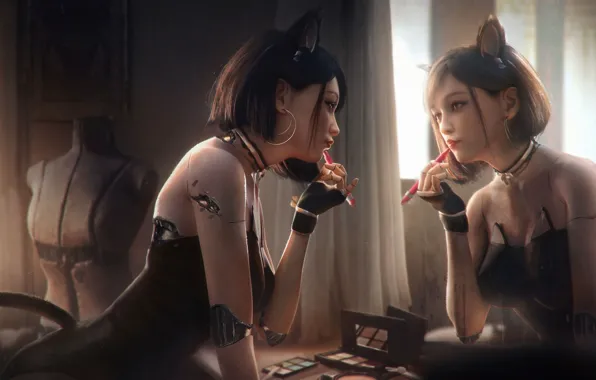 Girl, reflection, mirror, cyborg, tian zi