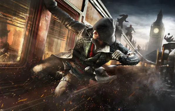 Picture the sky, train, speed, hood, attack, cloak, blade, killer