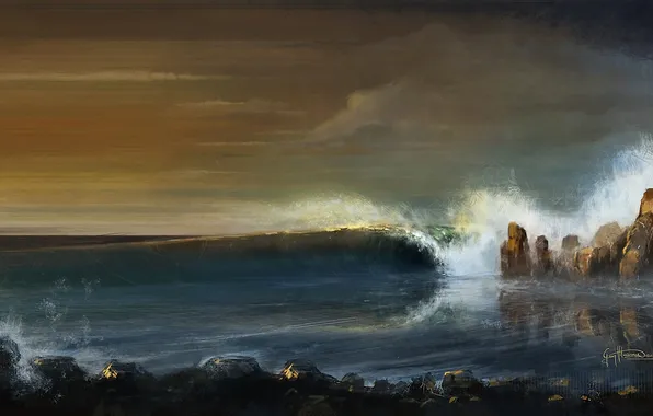 Picture sea, rocks, shore, wave, art, Georg Hilmarsson