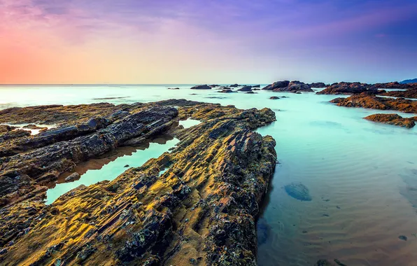 Sand, stones, the ocean, rocks, dawn, shore, Malaysia