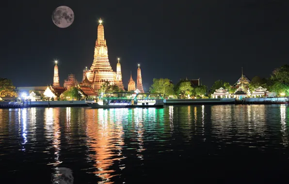 Water, night, the city, the moon, Thailand, Bangkok