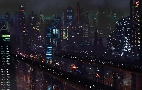 Night, the city, future, fiction, road, skyscrapers, art