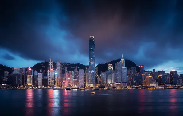 Night, the city, lights, Hong Kong, skyscrapers, pond