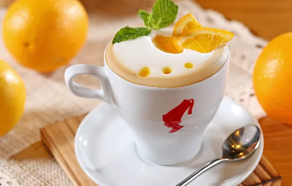Picture foam, coffee, oranges, milk, spoon, Cup, white, pieces