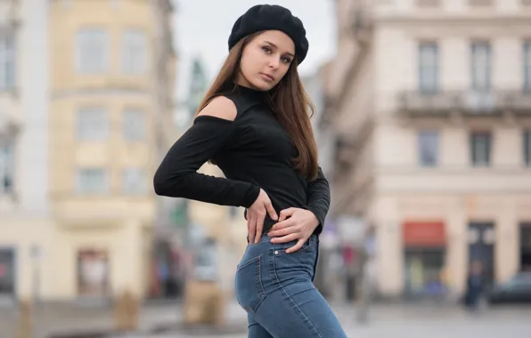 Look, the city, pose, background, model, portrait, home, jeans