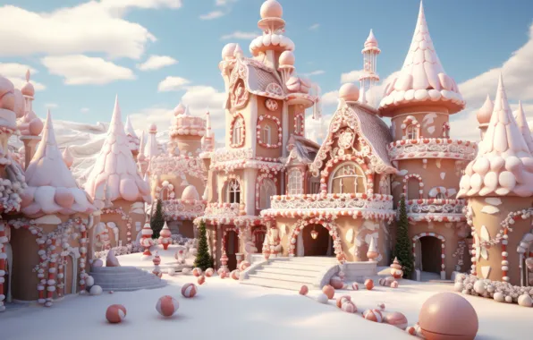 Winter, the sky, clouds, balls, light, snow, house, castle