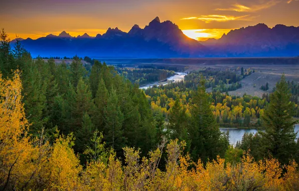 Autumn, forest, the sun, sunset, mountains, river, USA, Snake River View