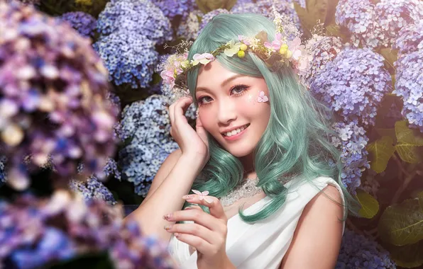 Picture look, girl, flowers, face, pose, smile, sweetheart, butterfly, hair, Bush, portrait, hands, garden, green, Asian, …