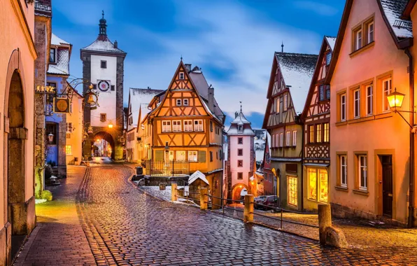 Picture winter, snow, the evening, Germany, lights, Germany, Medieval town, Rothenburg