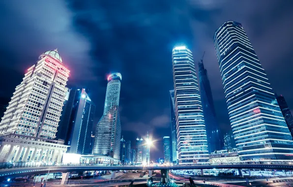 Night, bridge, lights, road, home, skyscrapers, China, Shanghai