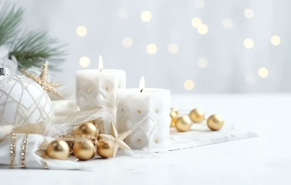 Balls, branches, star, candles, lights, Christmas, white background, New year