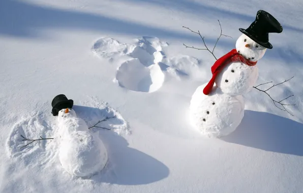Picture winter, snow, scarf, snowmen, caps