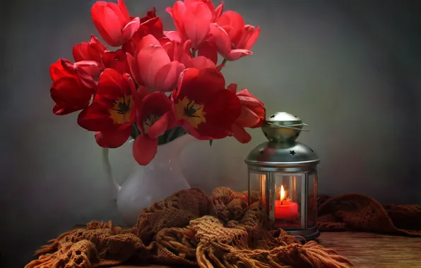 Picture flowers, table, candle, scarf, lantern, tulips, pitcher, Kovaleva Svetlana