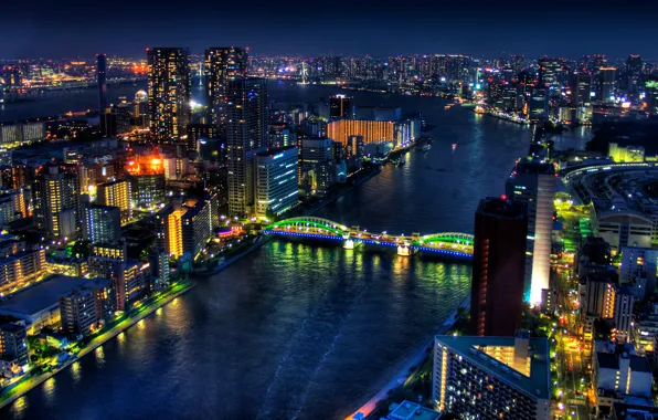 Night, bridge, lights, river, building, Japan, Tokyo, Tokyo
