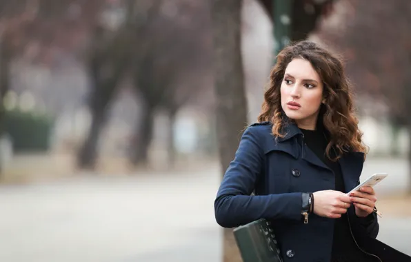 Picture brown hair, coat, bench, waiting for, bokeh, smartphone, Clear