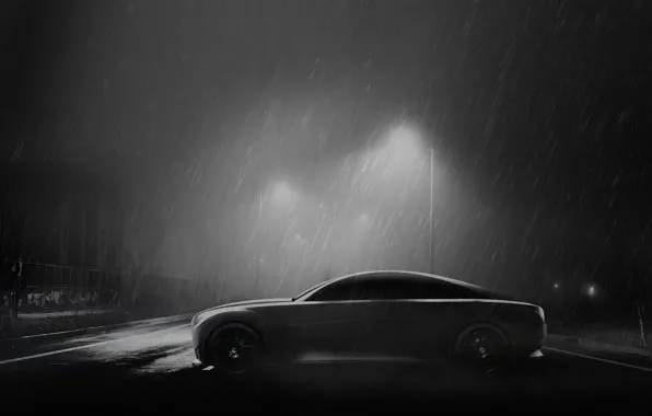 Road, Night, Machine, Light, Rain, Art, The shower, Black and white