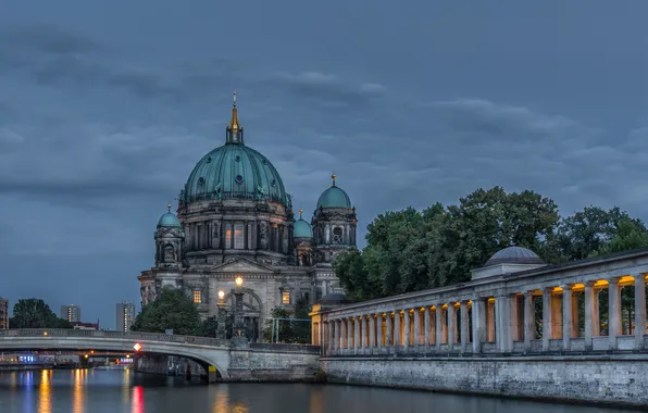 The sky, bridge, lights, river, the evening, Germany, Berlin, Cathedral
