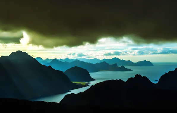 Picture sea, mountains, clouds, silhouette, the fjord