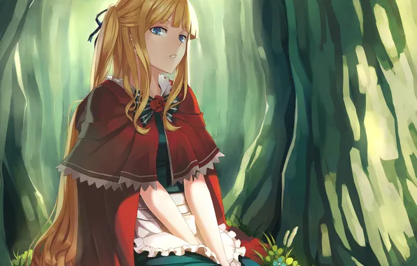 Picture forest, girl, trees, little red riding hood, blonde, bow, red coat, Red Riding Hood