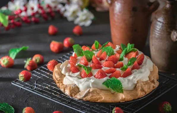 Berries, table, strawberry, pie, placer, yummy, mint, cream