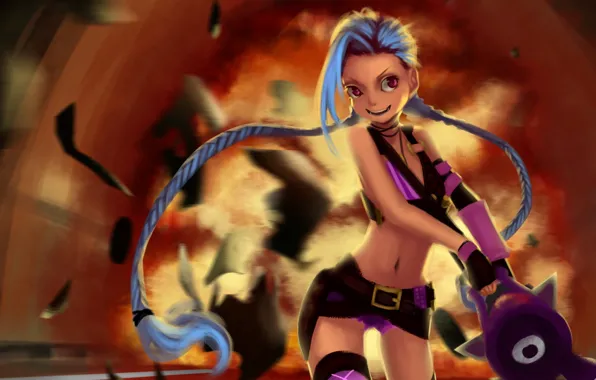 Girl, the explosion, art, braids, League of Legends, LoL, Jinx