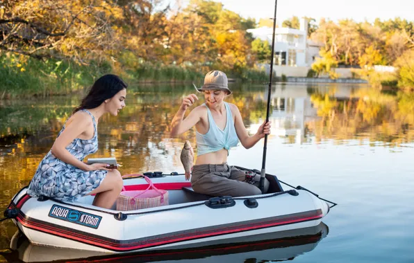 Girls, boat, fish, rod, catch