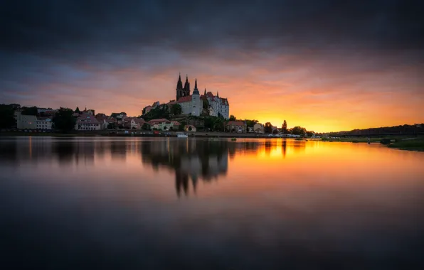 Water, sunset, lake, reflection, home, Germany, Saxony, Tits