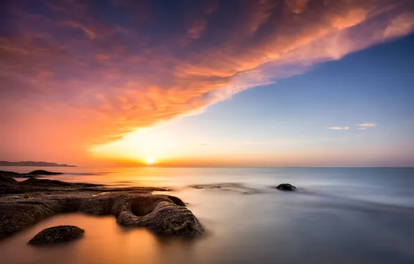 Sea, the sky, the sun, clouds, coast, horizon