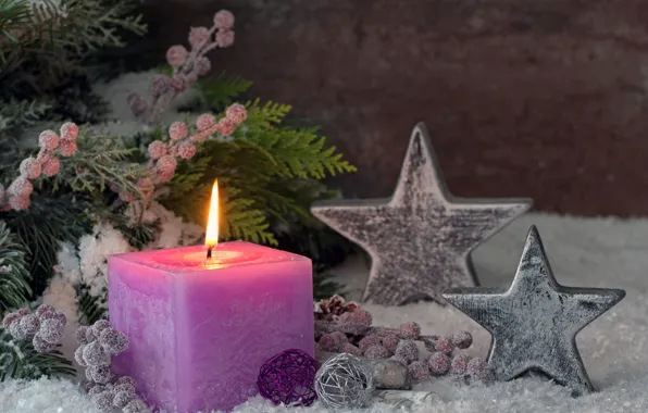 New year, candles, decor, fir-tree branches