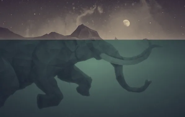 Picture sea, elephant, ship, island, The moon