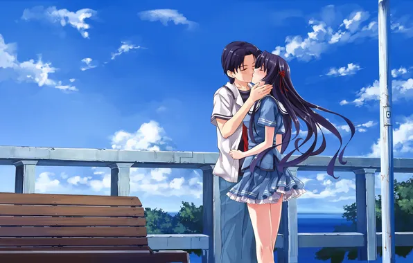 Picture the sky, girl, kiss, anime, pair, schoolgirl, guy, school uniform
